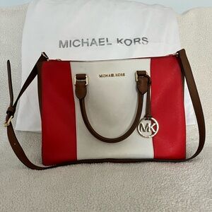 Michael Kors Coral and White Saffiano Satchel with Brown Accents